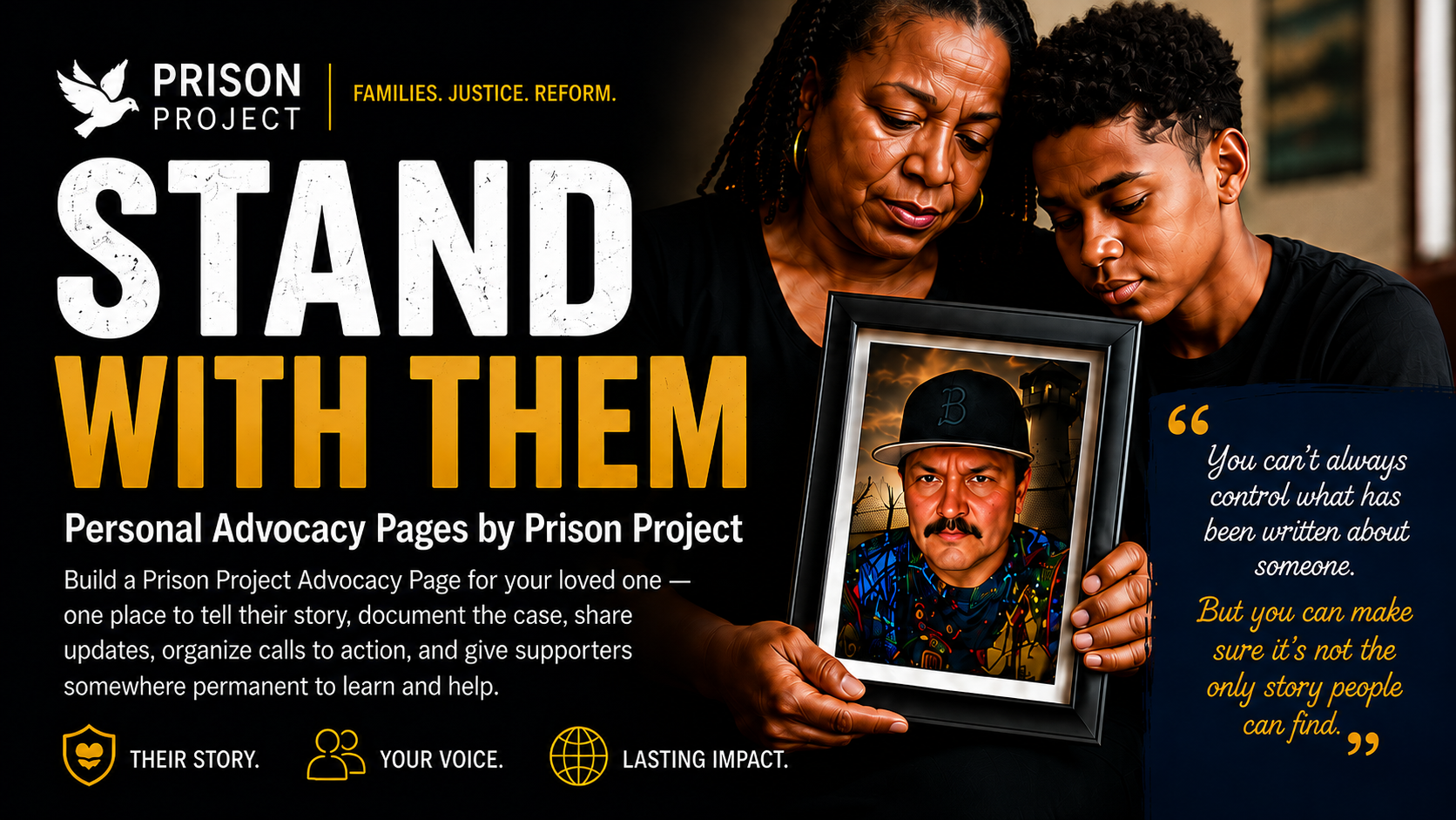 Stand With Them hero banner by Prison Project, promoting personal advocacy pages for families supporting incarcerated loved ones.