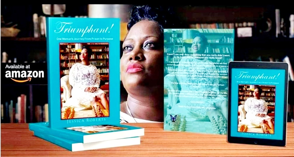 Promotional image for Jessica Roberts' book Triumphant!, showing printed copies of the book, the author, and a digital edition.