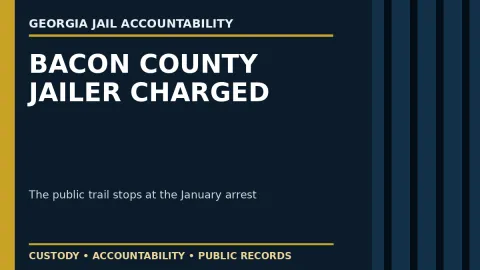 Illustrated case file beside jail bars asking what happened after a Bacon County jailer was charged
