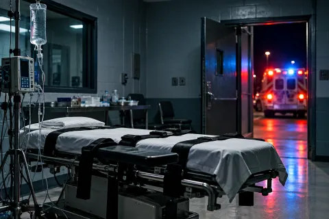 Editorial illustration of an empty execution chamber with IV equipment and ambulance lights beyond the doorway, representing Tennessee's failed execution of Christa Pike.
