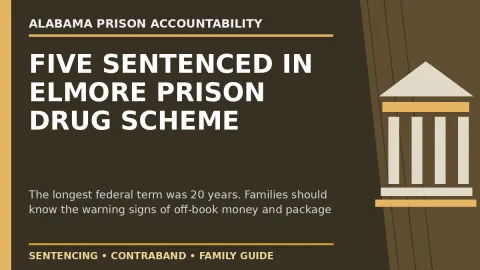 Prison Project editorial headline graphic: Five People Sentenced in Elmore Prison Drug Scheme. One Got 20 Years.